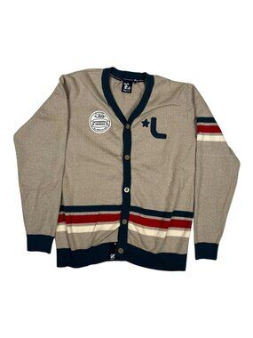 Vintage LRG Cardigan Sweater Mens XL Beige Striped Varsity Button Front Y2K